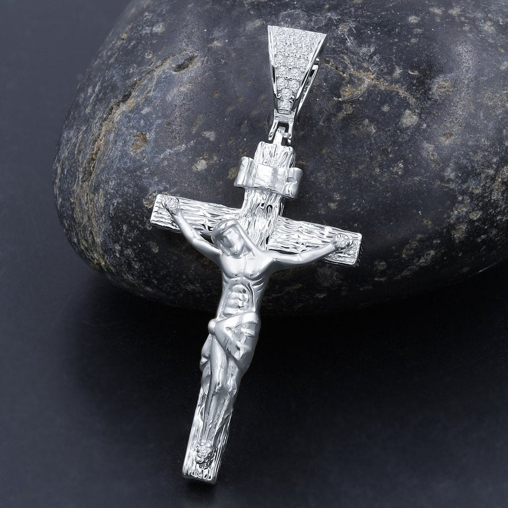 Jesus Crucifix CZ Iced Out Pendant .925 Sterling Silver White Gold HipHopBling