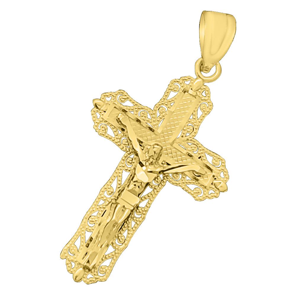 Jesus Crucifix Filigree Cross DC 10K Yellow Gold Pendant HipHopBling