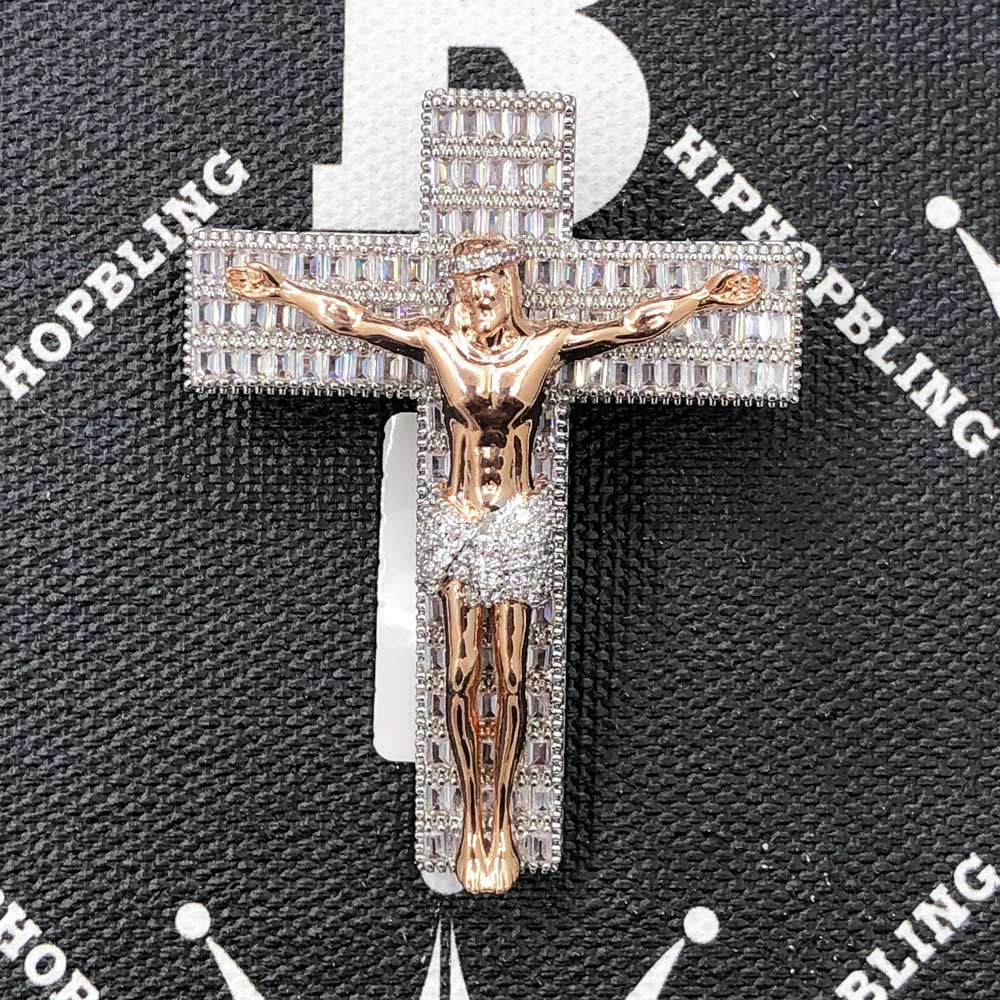 Jesus Crucifix Medium Baguette CZ Hip Hop Bling Bling Pendant Rose Gold HipHopBling