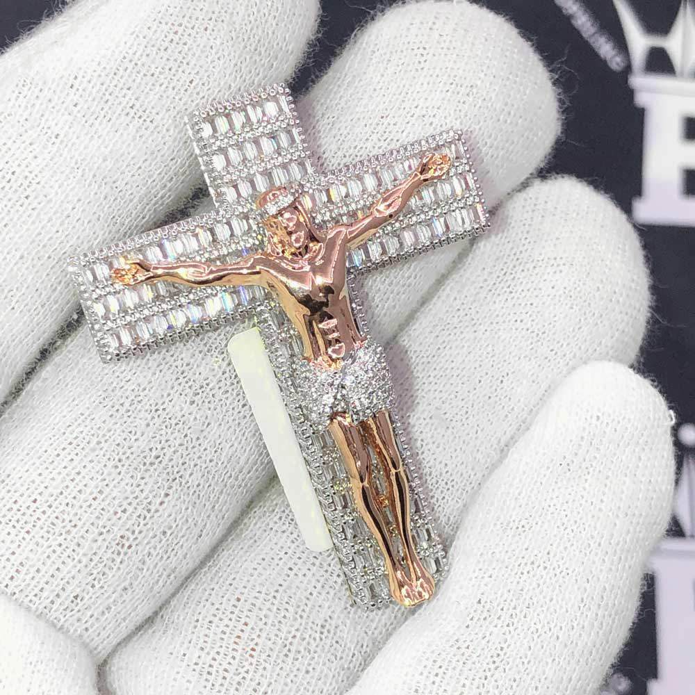 Jesus Crucifix Medium Baguette CZ Hip Hop Bling Bling Pendant Rose Gold HipHopBling