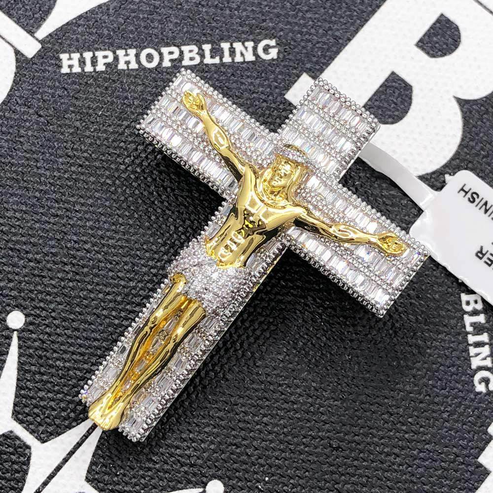 Jesus Crucifix Medium Baguette CZ Hip Hop Bling Bling Pendant Rose Gold HipHopBling