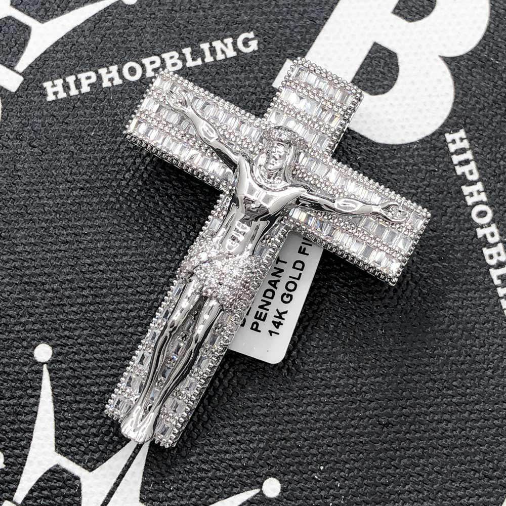 Jesus Crucifix Medium Baguette CZ Hip Hop Bling Bling Pendant Rose Gold HipHopBling