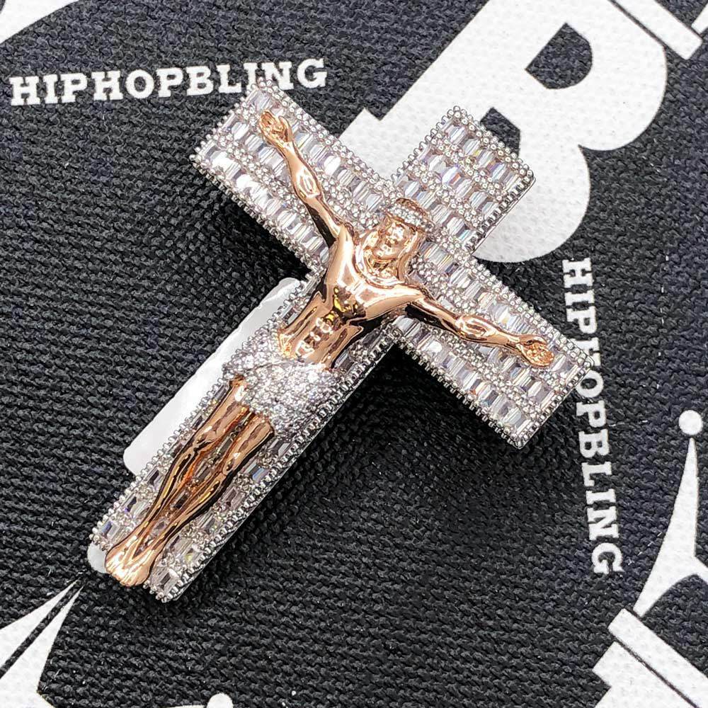 Jesus Crucifix Medium Baguette CZ Hip Hop Bling Bling Pendant Rose Gold HipHopBling