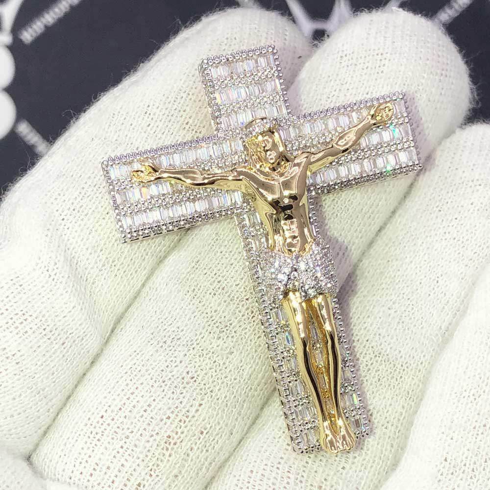 Jesus Crucifix Medium Baguette CZ Hip Hop Bling Bling Pendant Rose Gold HipHopBling