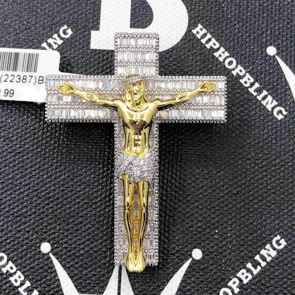 Jesus Crucifix Medium Baguette CZ Hip Hop Bling Bling Pendant Rose Gold HipHopBling