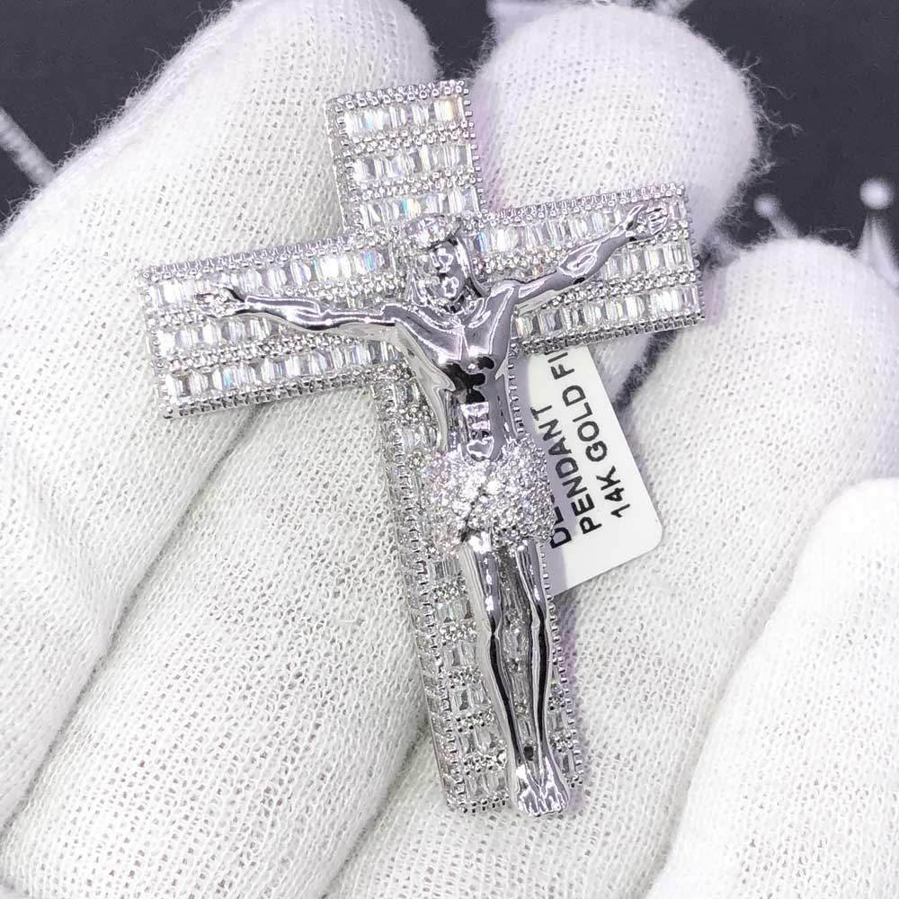 Jesus Crucifix Medium Baguette CZ Hip Hop Bling Bling Pendant White Gold HipHopBling