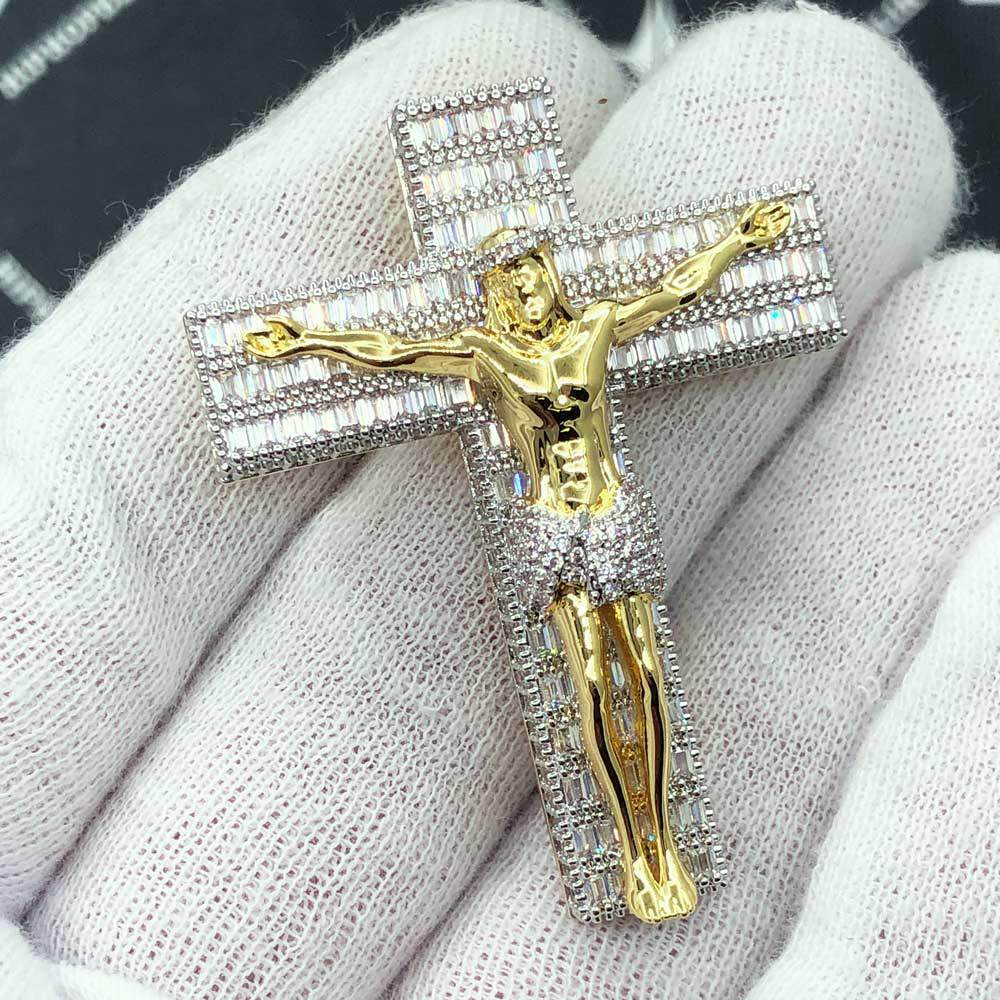 Jesus Crucifix Medium Baguette CZ Hip Hop Bling Bling Pendant Yellow Gold HipHopBling