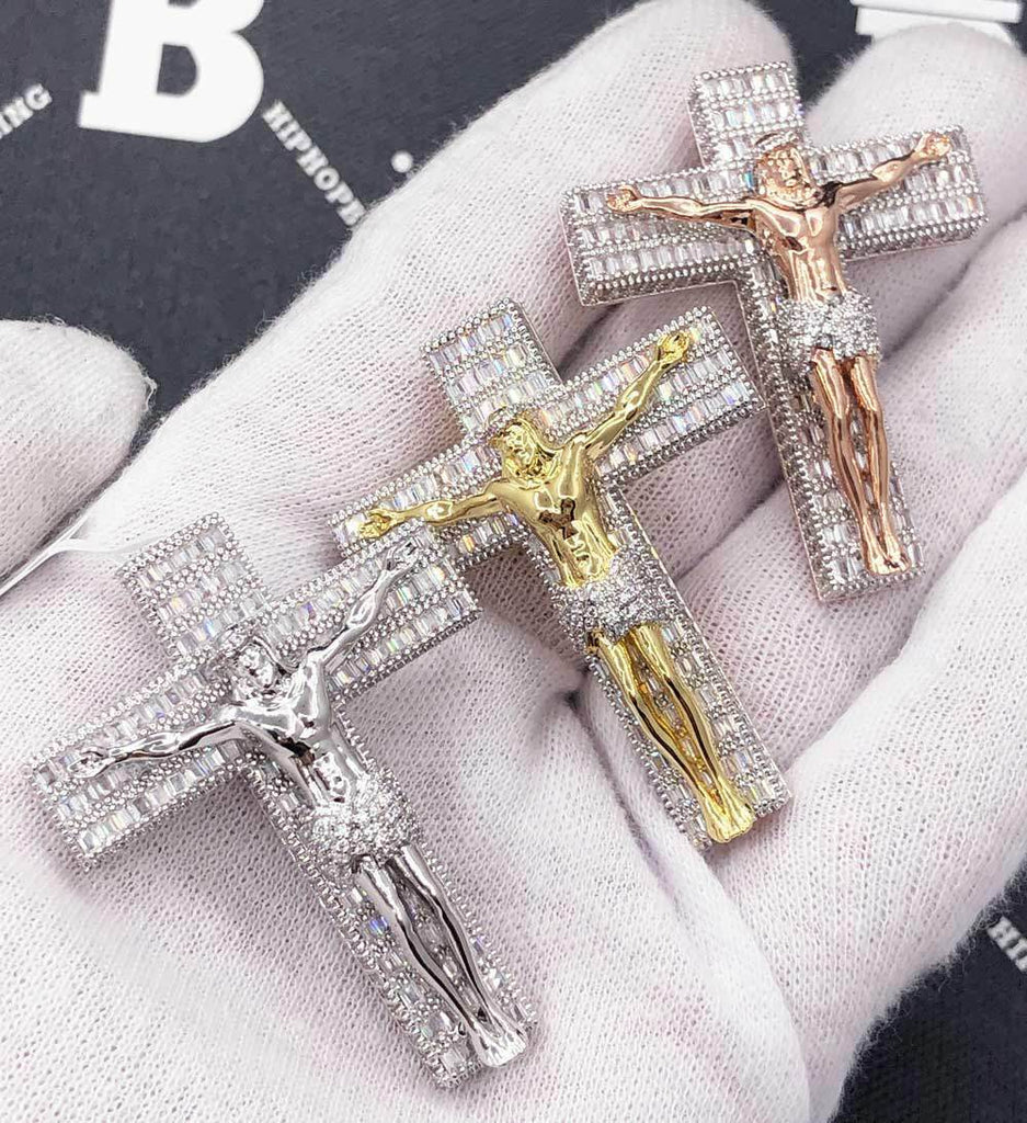 Jesus Crucifix Medium Baguette CZ Hip Hop Bling Bling Pendant Yellow Gold HipHopBling