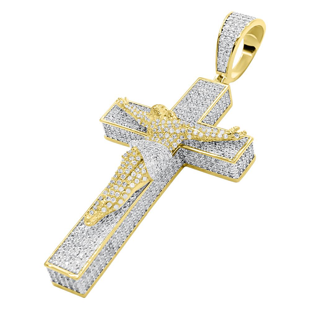 Jesus Crucifix Pave Cross CZ Hip Hop Iced Out Pendant Yellow Gold HipHopBling