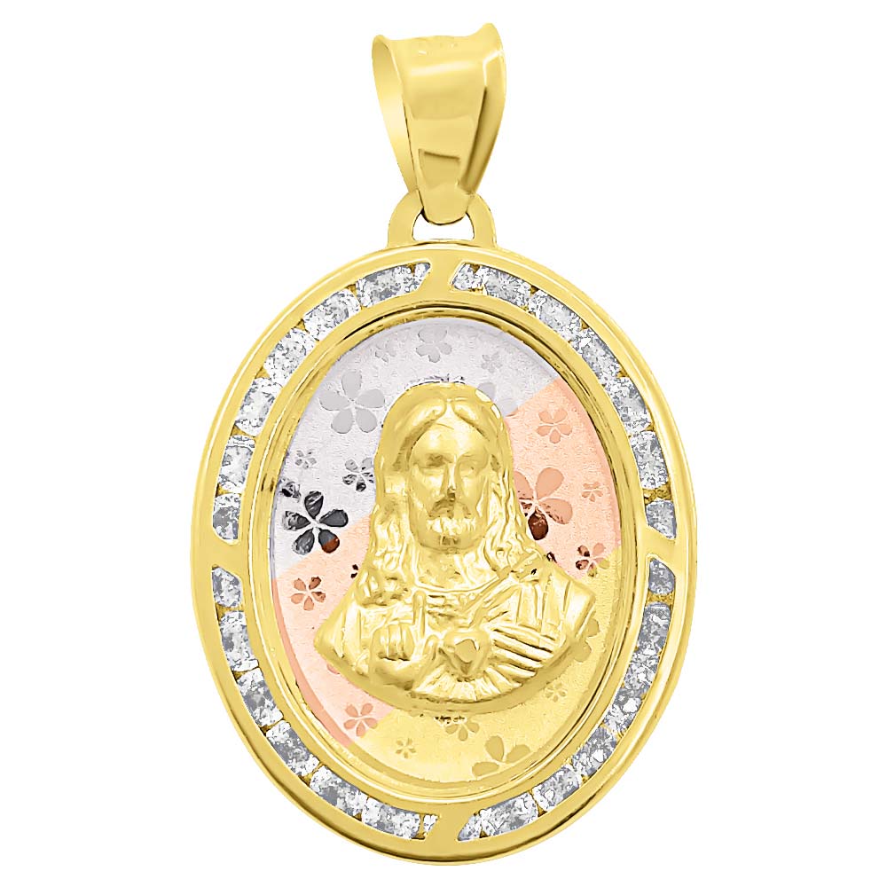 Jesus Oval Charm CZ 3 Tone 10K Gold Pendant HipHopBling