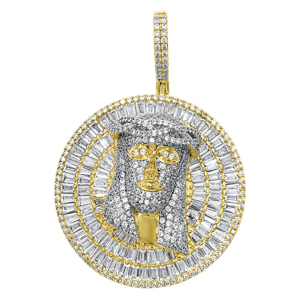Jesus Piece Baguette Medallion CZ Iced Out Pendant Yellow Gold HipHopBling