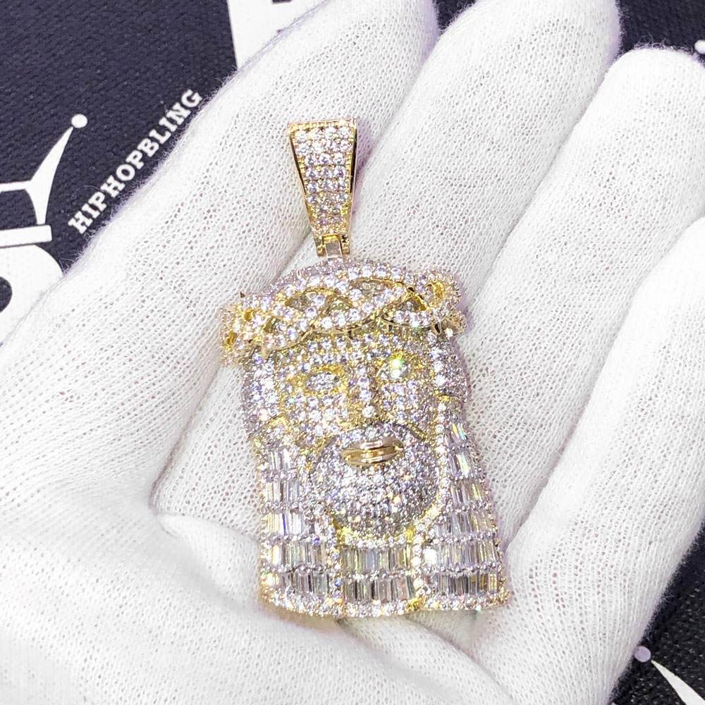 Jesus Piece Baguette VVS CZ Hip Hop Iced Out Pendant Yellow Gold HipHopBling