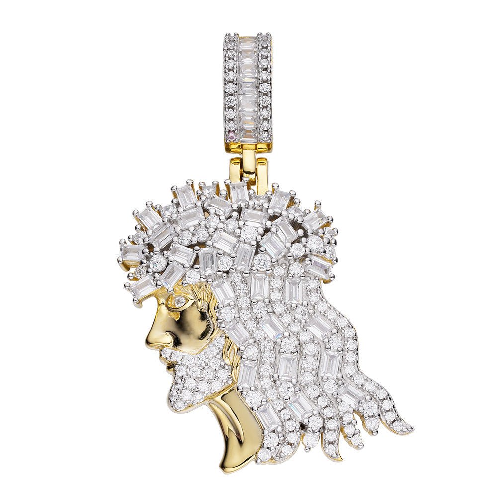 Jesus Profile Baguette CZ Iced Out Pendant .925 Sterling Silver Yellow Gold HipHopBling