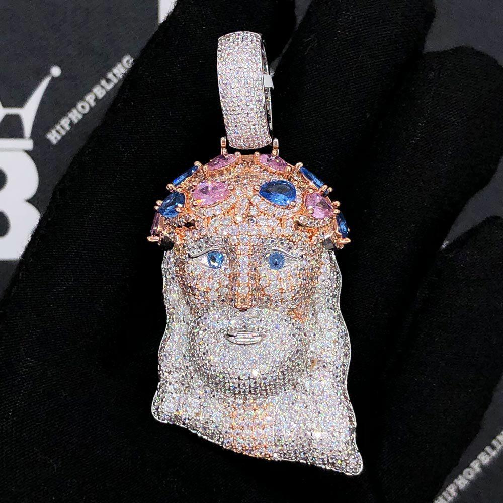 Jeweled Crown Jesus Piece VVS CZ Hip Hop Iced Out Pendant White Gold HipHopBling