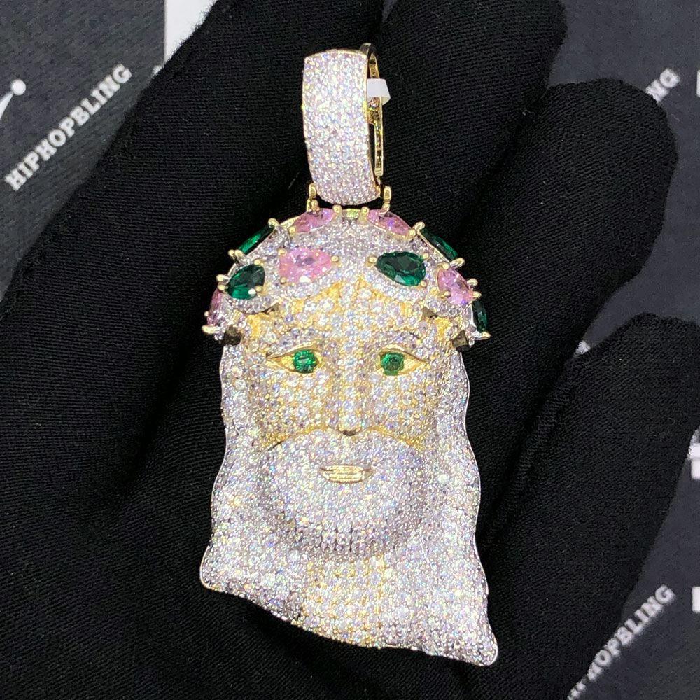 Jeweled Crown Jesus Piece VVS CZ Hip Hop Iced Out Pendant Yellow Gold HipHopBling