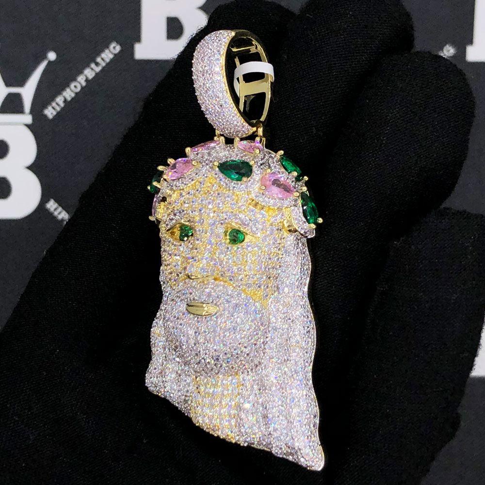 Jeweled Crown Jesus Piece VVS CZ Hip Hop Iced Out Pendant Yellow Gold HipHopBling
