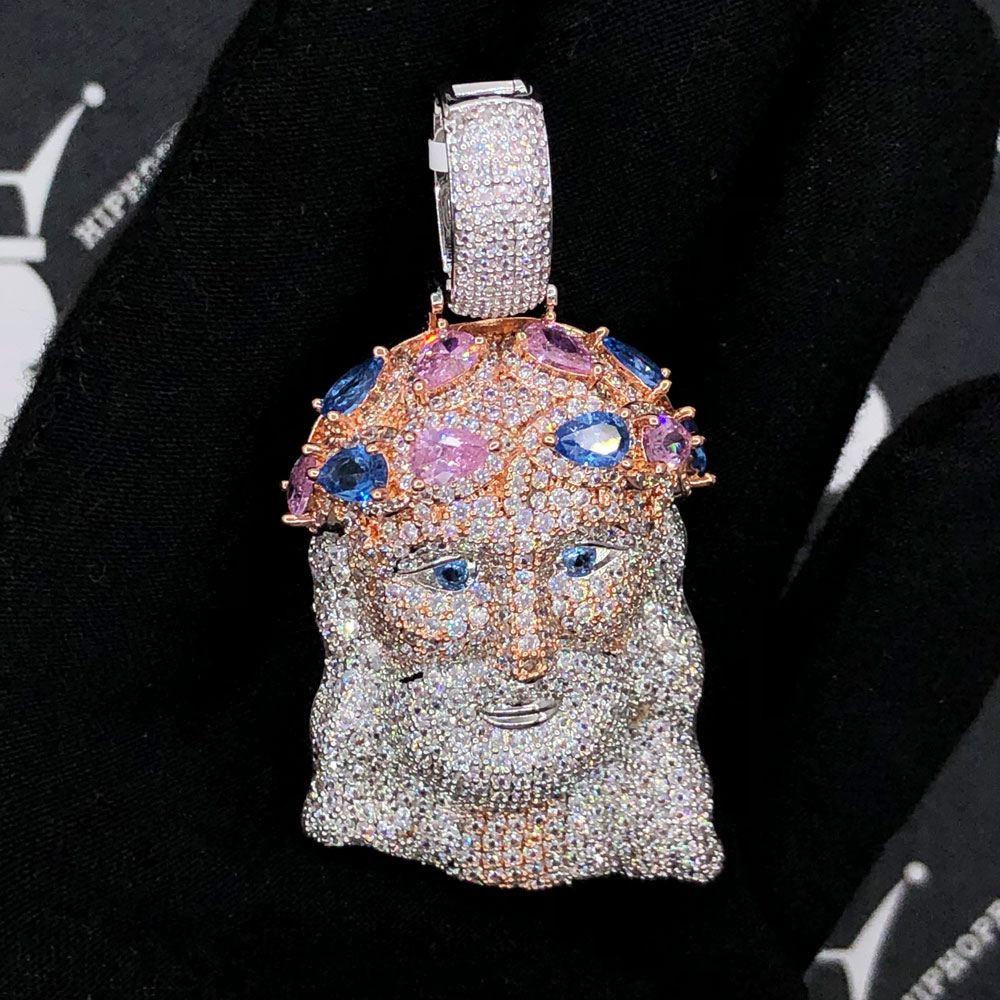 Jeweled Crown Jesus Piece VVS CZ Hip Hop Iced Out Pendant Yellow Gold HipHopBling