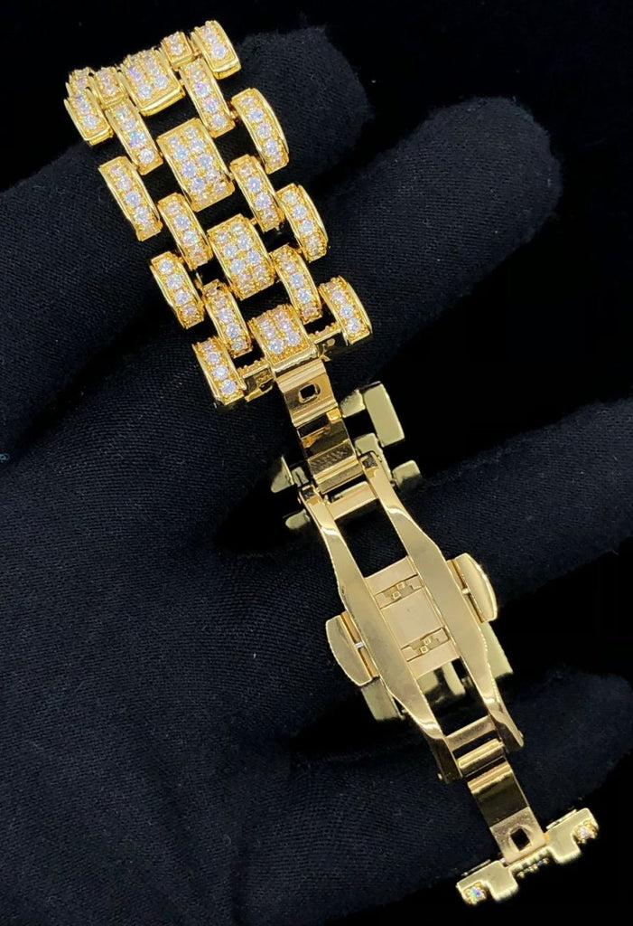 Jubilee CZ Iced Out Hip Hop Bling Bracelet Yellow Gold 7" HipHopBling