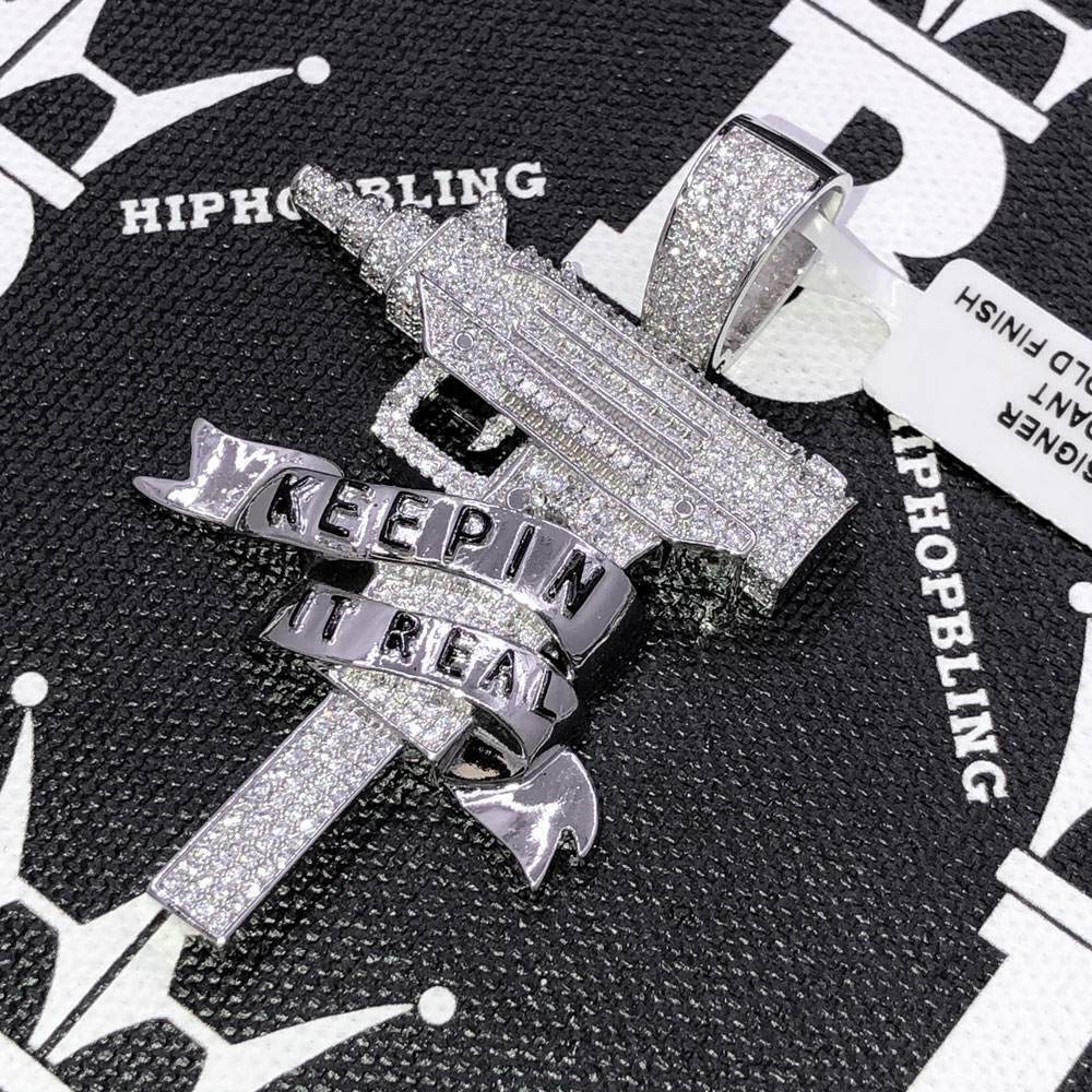 Keepin It Real Uzi CZ Hip Hop Bling Bling Pendant White Gold HipHopBling