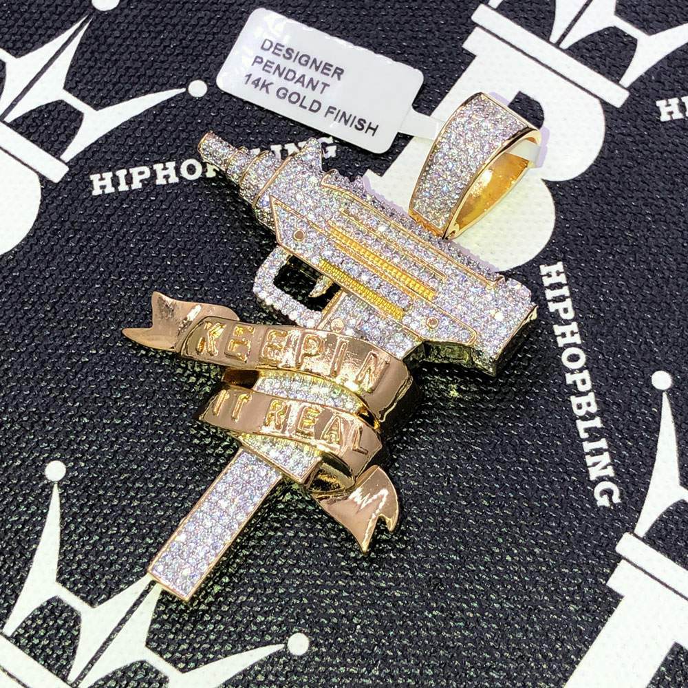 Keepin It Real Uzi CZ Hip Hop Bling Bling Pendant Yellow Gold HipHopBling