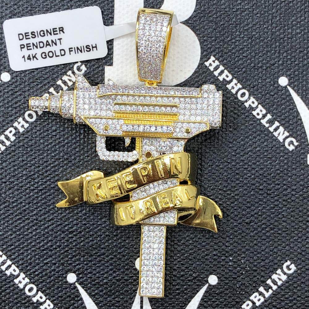 Keepin It Real Uzi CZ Hip Hop Bling Bling Pendant Yellow Gold HipHopBling