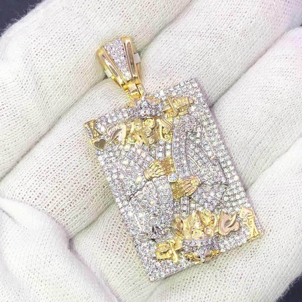 King of Hearts Poker Card CZ Hip Hop Bling Bling Pendant Yellow Gold HipHopBling