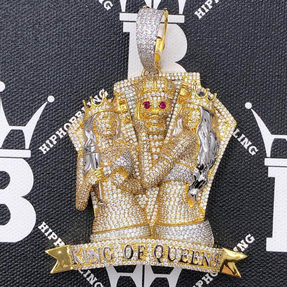 King Of Queens Skull CZ Hip Hop Bling Bling Pendant Yellow Gold HipHopBling