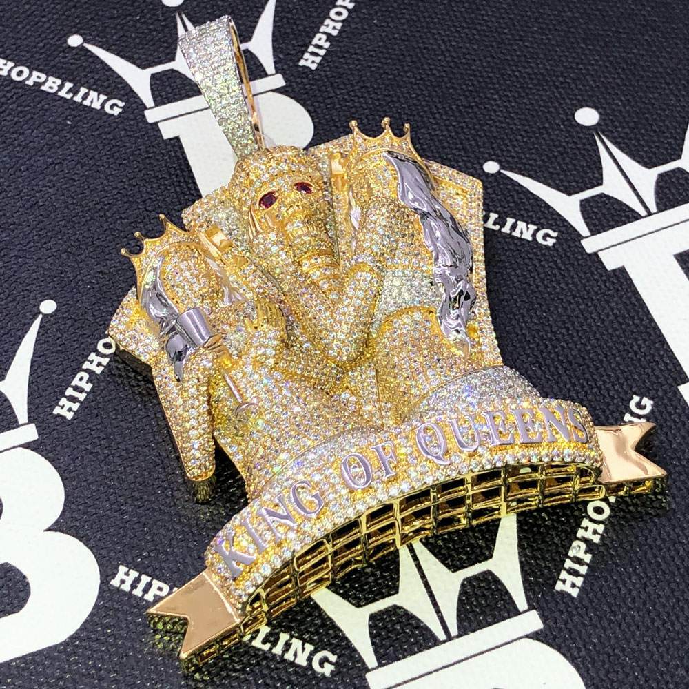 King Of Queens Skull CZ Hip Hop Bling Bling Pendant Yellow Gold HipHopBling