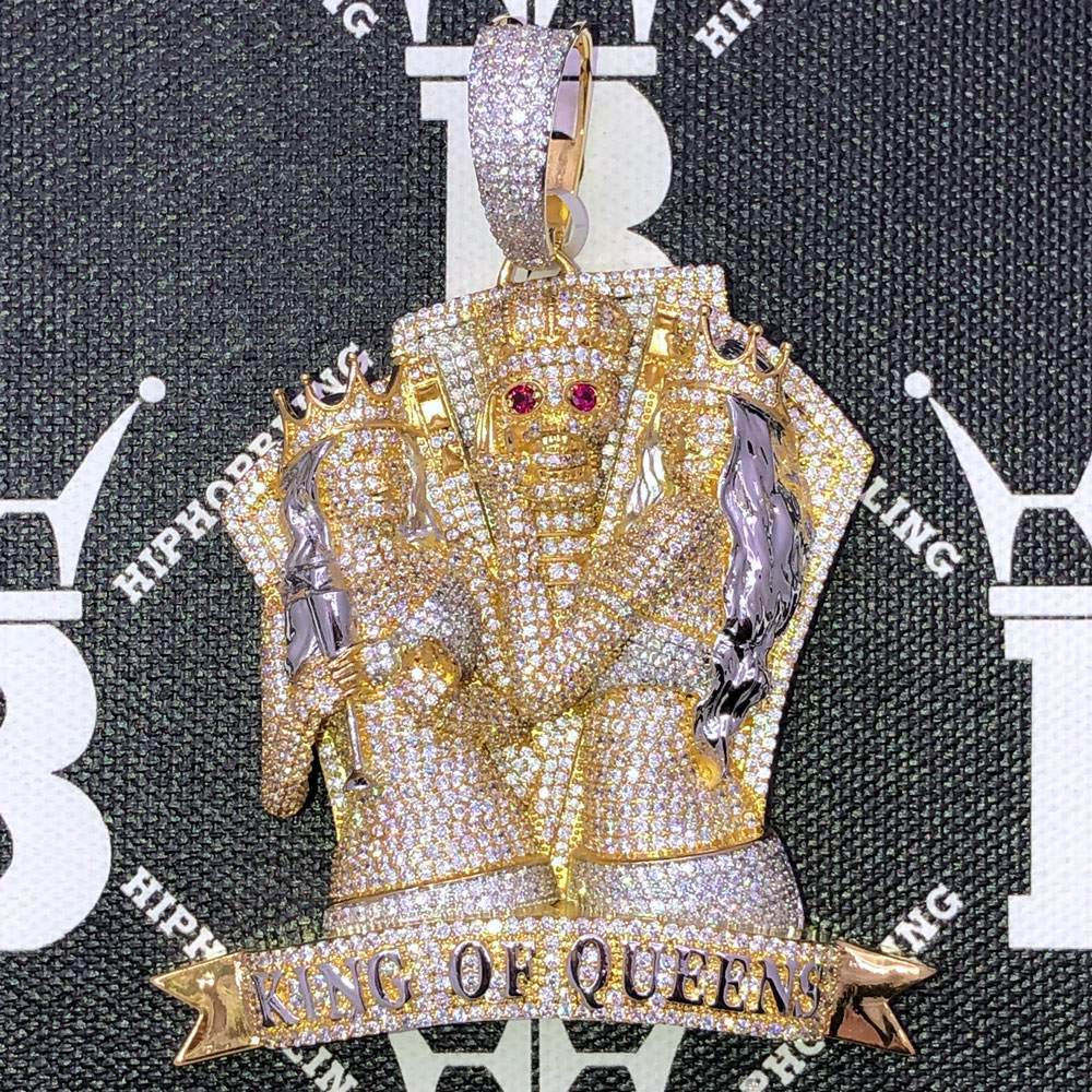 King Of Queens Skull CZ Hip Hop Bling Bling Pendant Yellow Gold HipHopBling