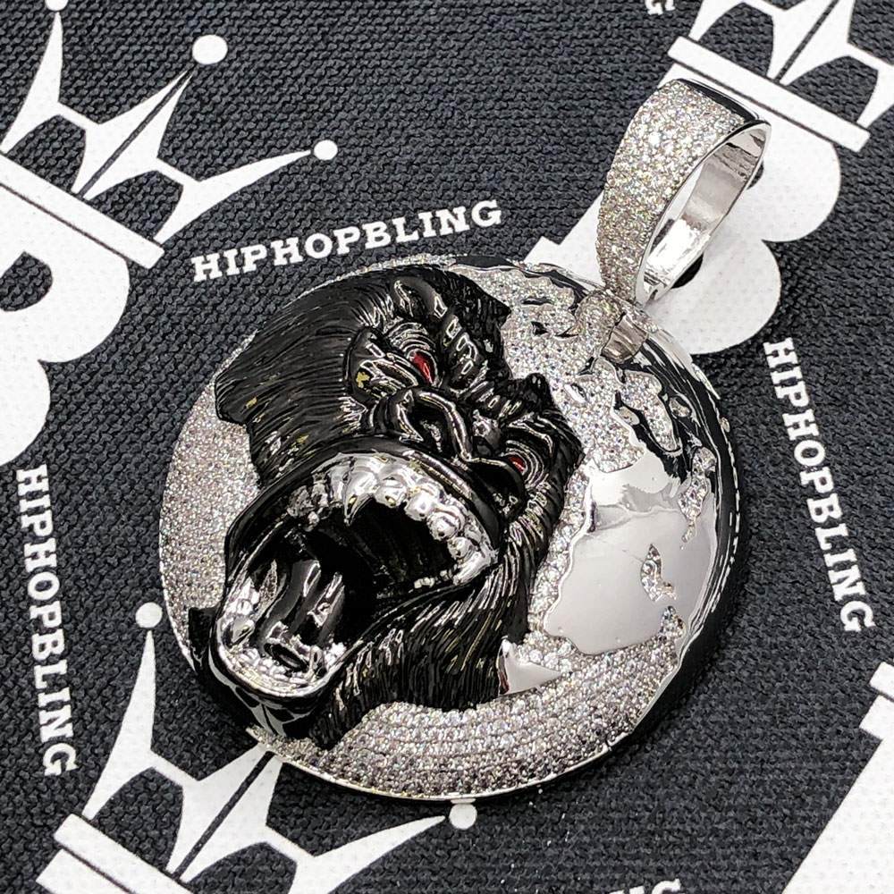 King of The World Lion CZ Hip Hop Bling Bling Pendant White Gold HipHopBling