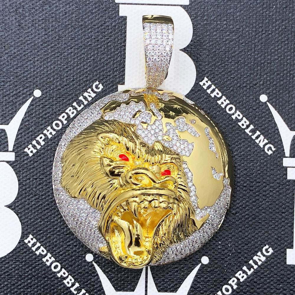 King of The World Lion CZ Hip Hop Bling Bling Pendant Yellow Gold HipHopBling
