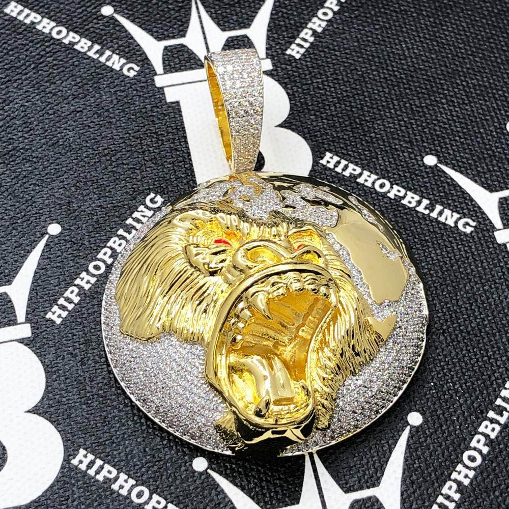 King of The World Lion CZ Hip Hop Bling Bling Pendant Yellow Gold HipHopBling
