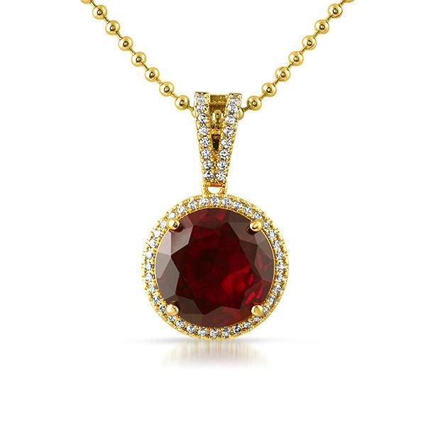 Lab Ruby Round Gem .925 Silver Halo Pendant HipHopBling