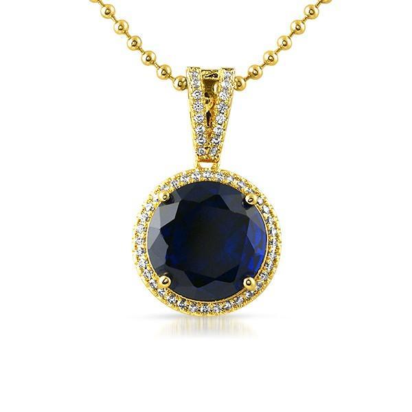 Lab Sapphire Round Gem .925 Silver Pendant HipHopBling