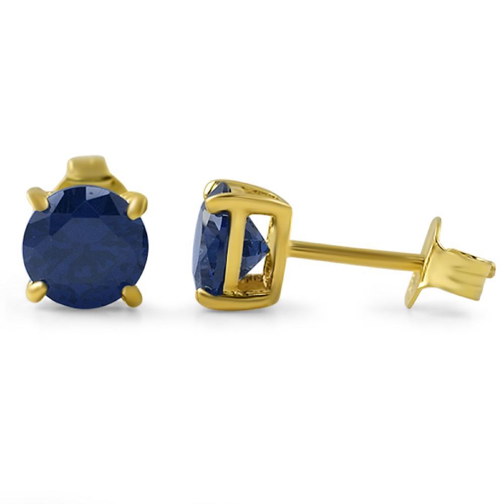 Lab Sapphire Round Stud Earrings Gold .925 Silver 6MM HipHopBling