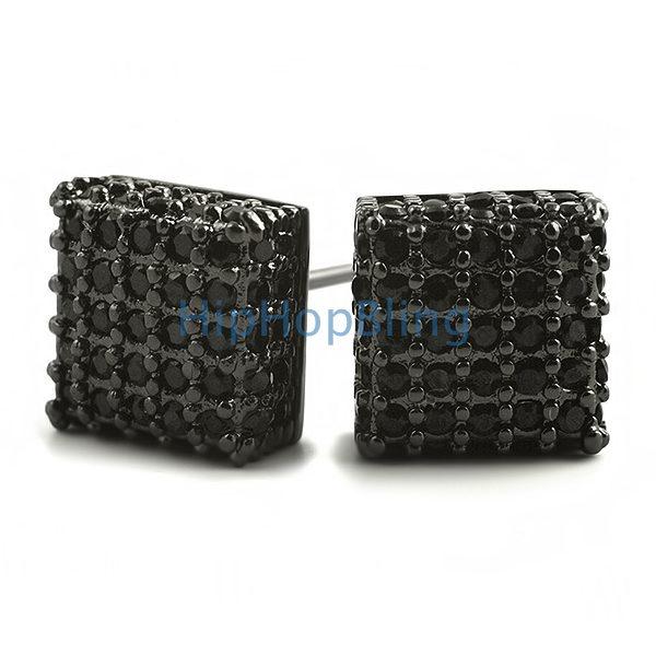 Large 3D Box Black CZ Iced Out Earrings HipHopBling