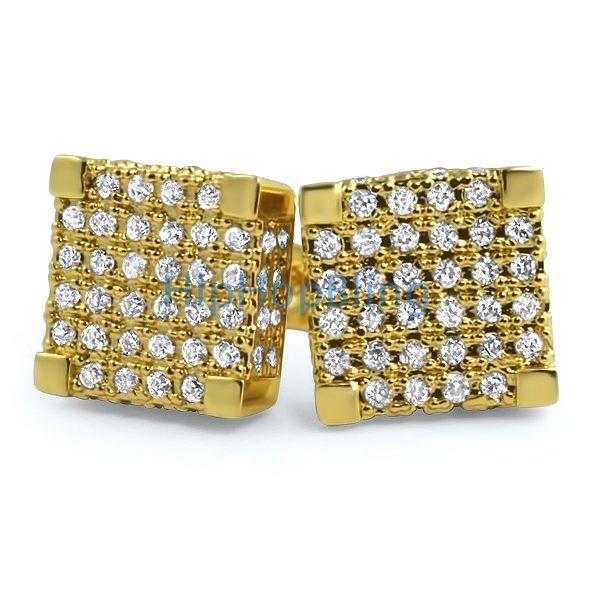 Large 3D Cube CZ Micro Pave Custom Earrings Yellow Gold HipHopBling