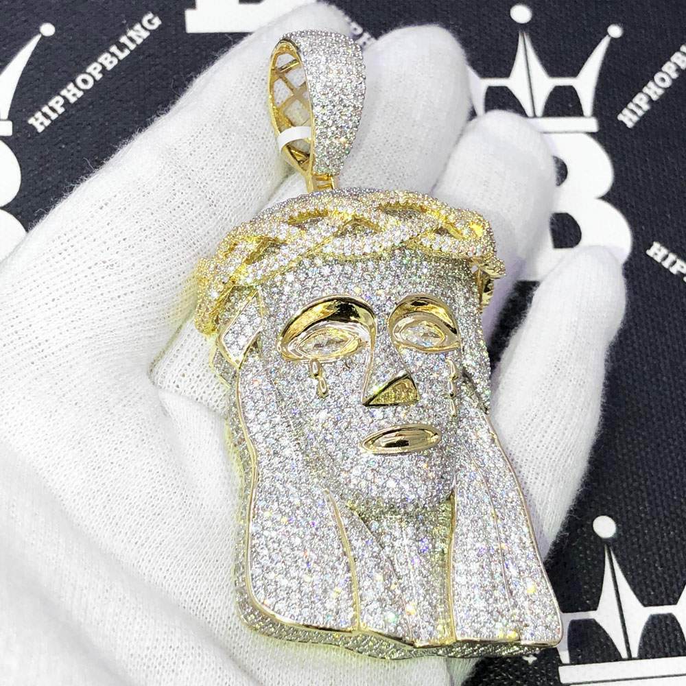Large 3D Pave Jesus Piece VVS CZ Hip Hop Iced Out Pendant Yellow Gold HipHopBling