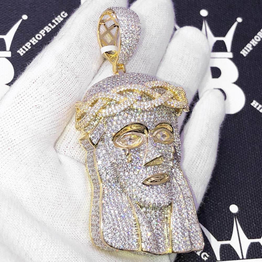 Large 3D Pave Jesus Piece VVS CZ Hip Hop Iced Out Pendant Yellow Gold HipHopBling