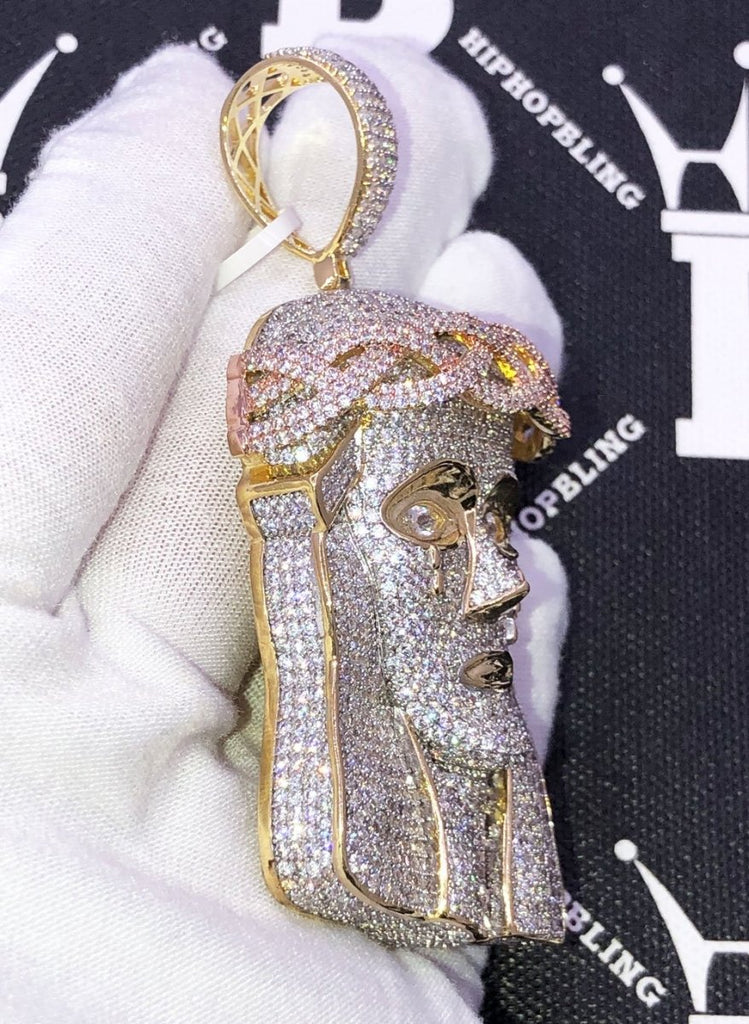 Large 3D Pave Jesus Piece VVS CZ Hip Hop Iced Out Pendant Yellow Gold HipHopBling