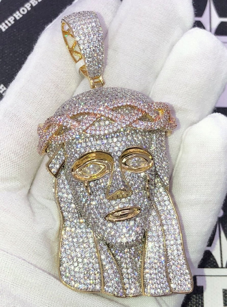 Large 3D Pave Jesus Piece VVS CZ Hip Hop Iced Out Pendant Yellow Gold HipHopBling