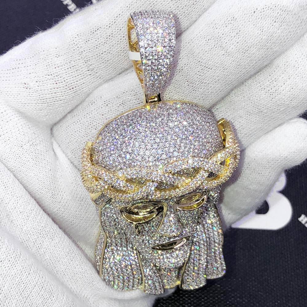 Large 3D Pave Jesus Piece VVS CZ Hip Hop Iced Out Pendant Yellow Gold HipHopBling