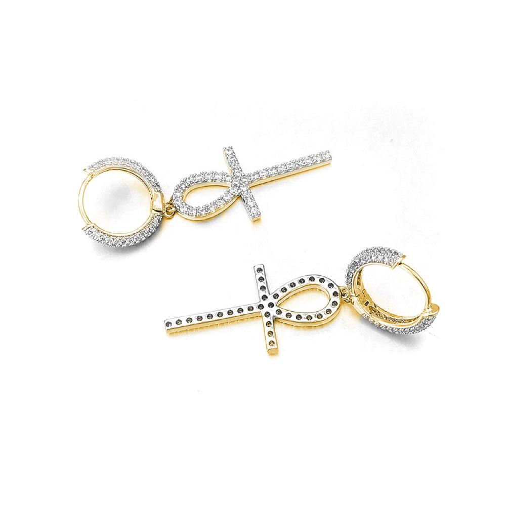 Large Ankh Tennis Cross Dangling Huggie Hoop Iced Out Earrings .925 Silver White Gold HipHopBling