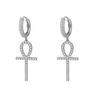Large Ankh Tennis Cross Dangling Huggie Hoop Iced Out Earrings .925 Silver White Gold HipHopBling