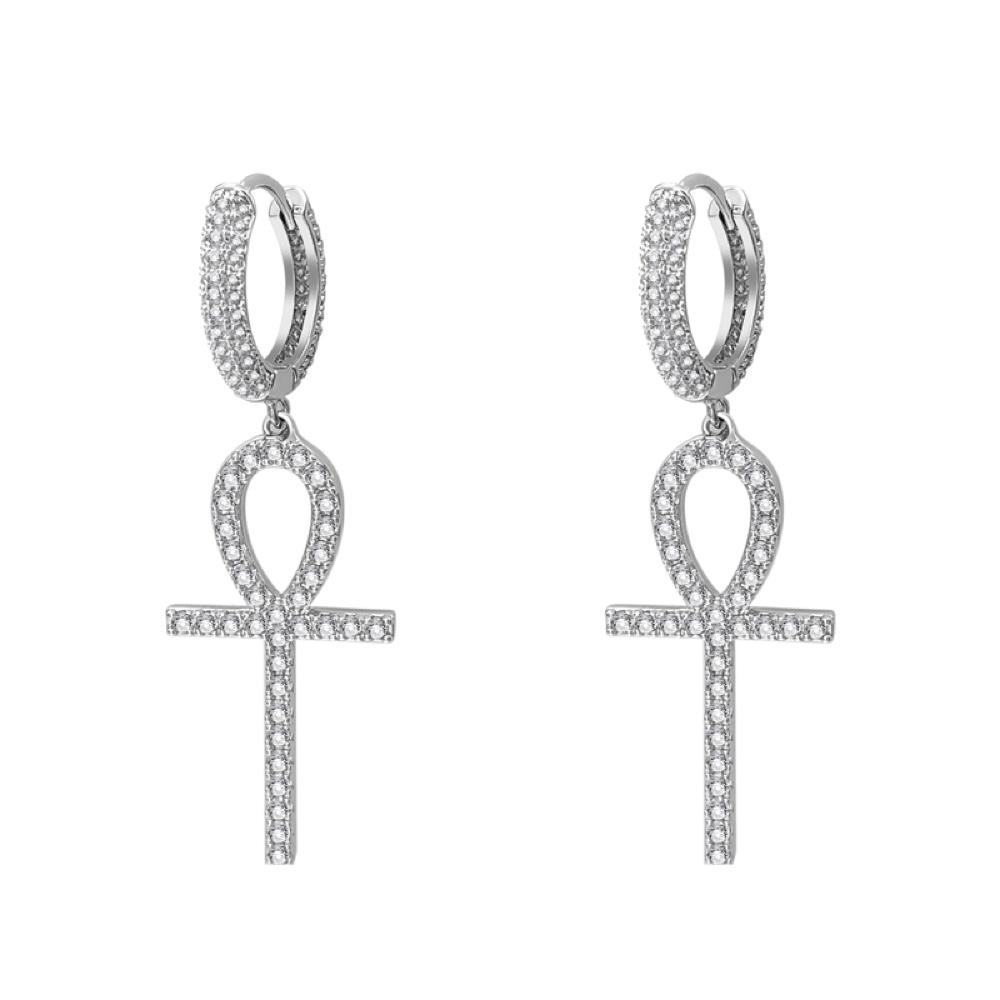 Large Ankh Tennis Cross Dangling Huggie Hoop Iced Out Earrings .925 Silver White Gold HipHopBling