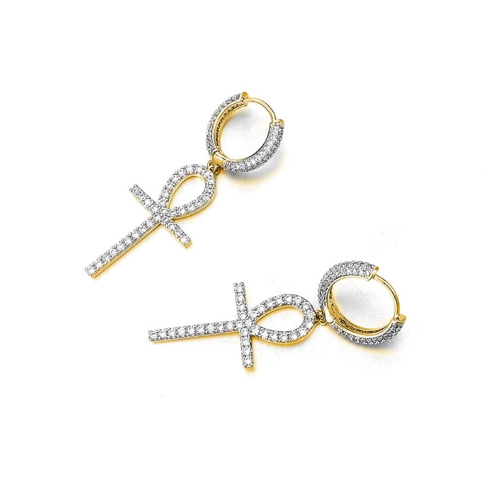 Large Ankh Tennis Cross Dangling Huggie Hoop Iced Out Earrings .925 Silver White Gold HipHopBling