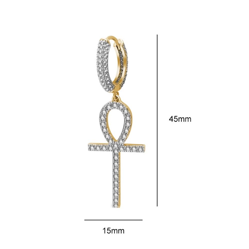 Large Ankh Tennis Cross Dangling Huggie Hoop Iced Out Earrings .925 Silver White Gold HipHopBling