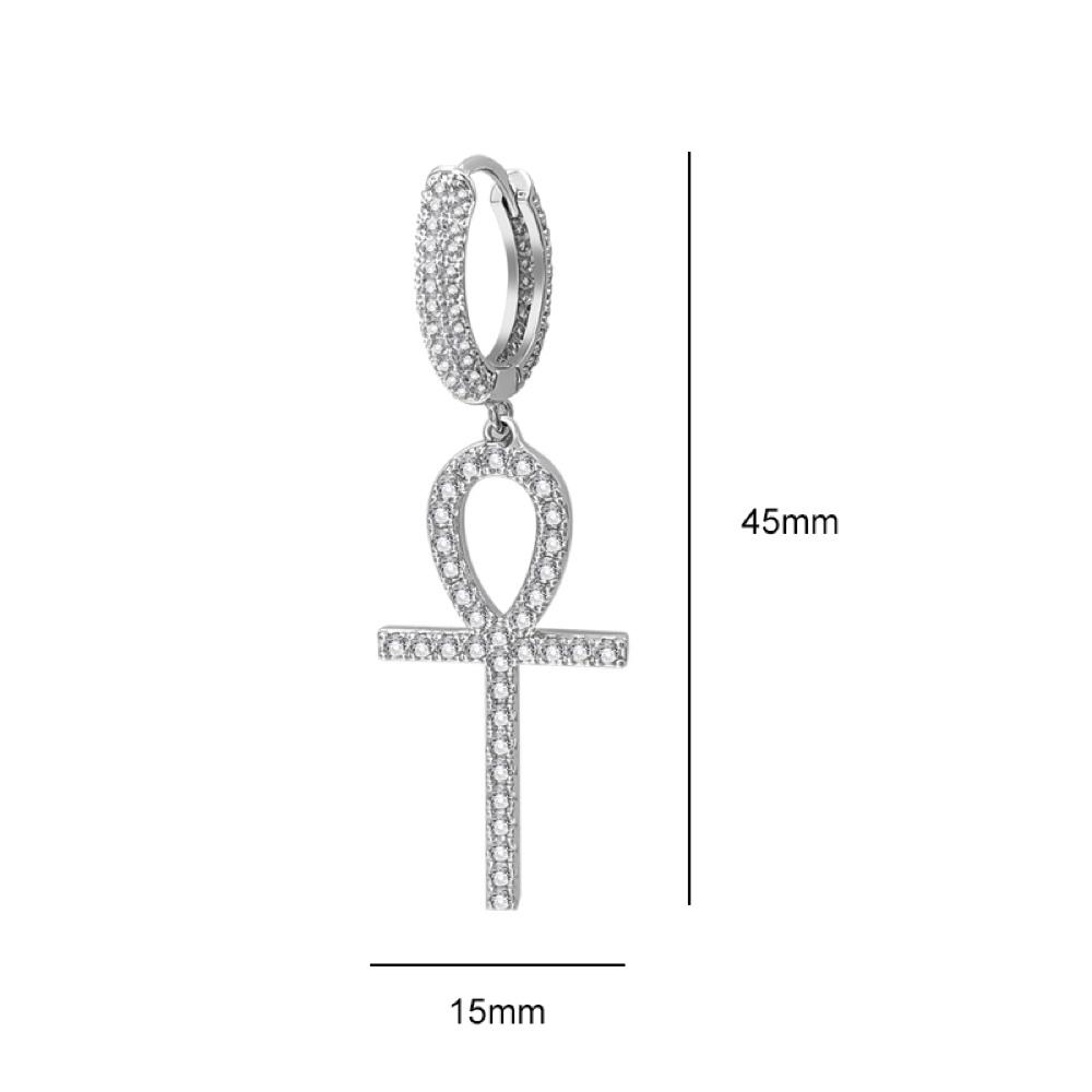 Large Ankh Tennis Cross Dangling Huggie Hoop Iced Out Earrings .925 Silver White Gold HipHopBling