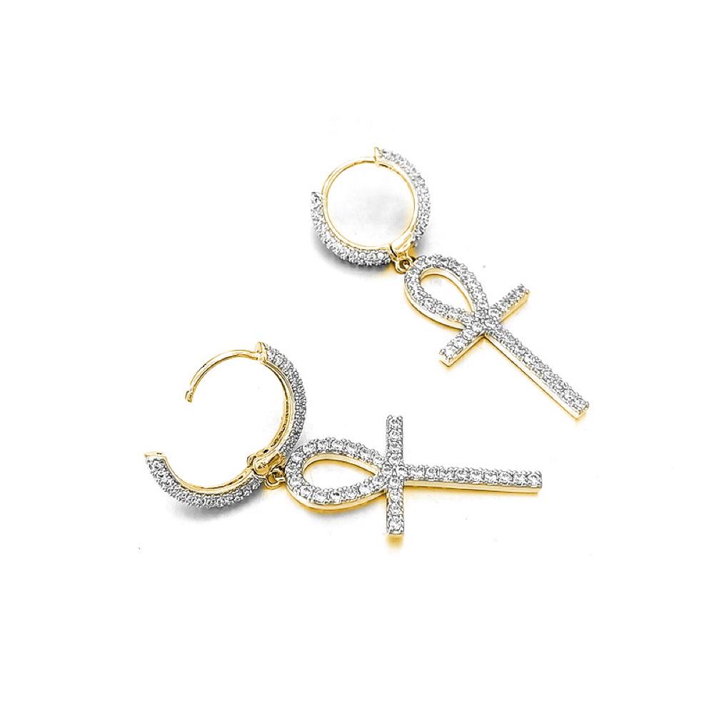 Large Ankh Tennis Cross Dangling Huggie Hoop Iced Out Earrings .925 Silver White Gold HipHopBling