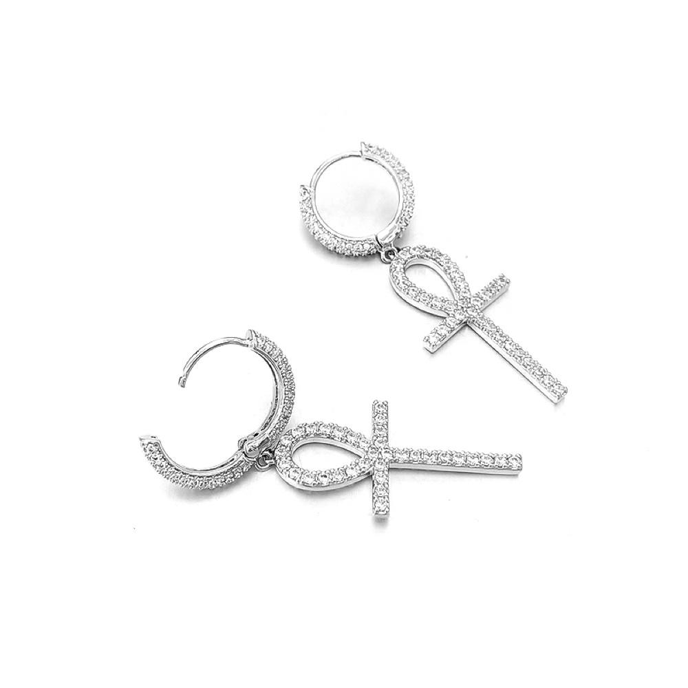 Large Ankh Tennis Cross Dangling Huggie Hoop Iced Out Earrings .925 Silver White Gold HipHopBling